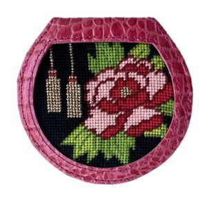 Lee's Leather NWOT Oriental Red Peony Blossom & Tassels Needlepoint Hand Mirror